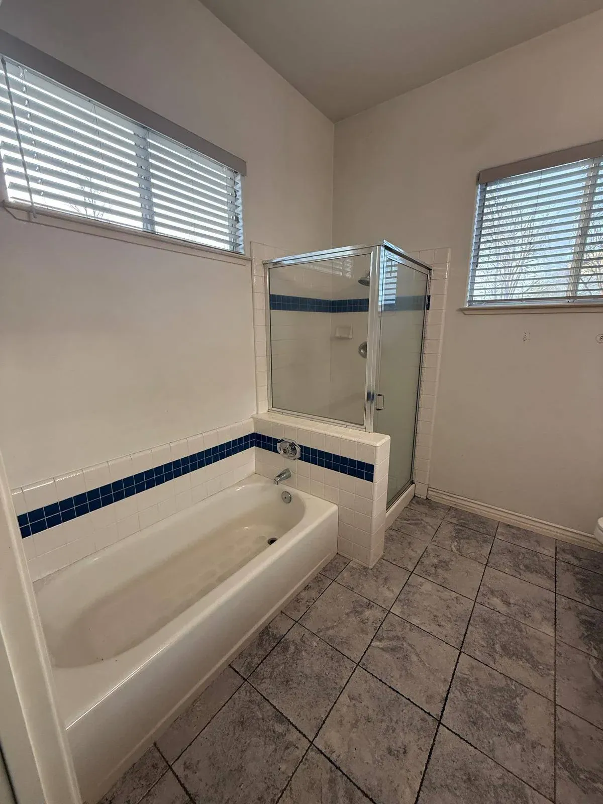 Modern bathroom featuring a bathtub and a glass shower enclosure with tiled flooring and natural light from windows.